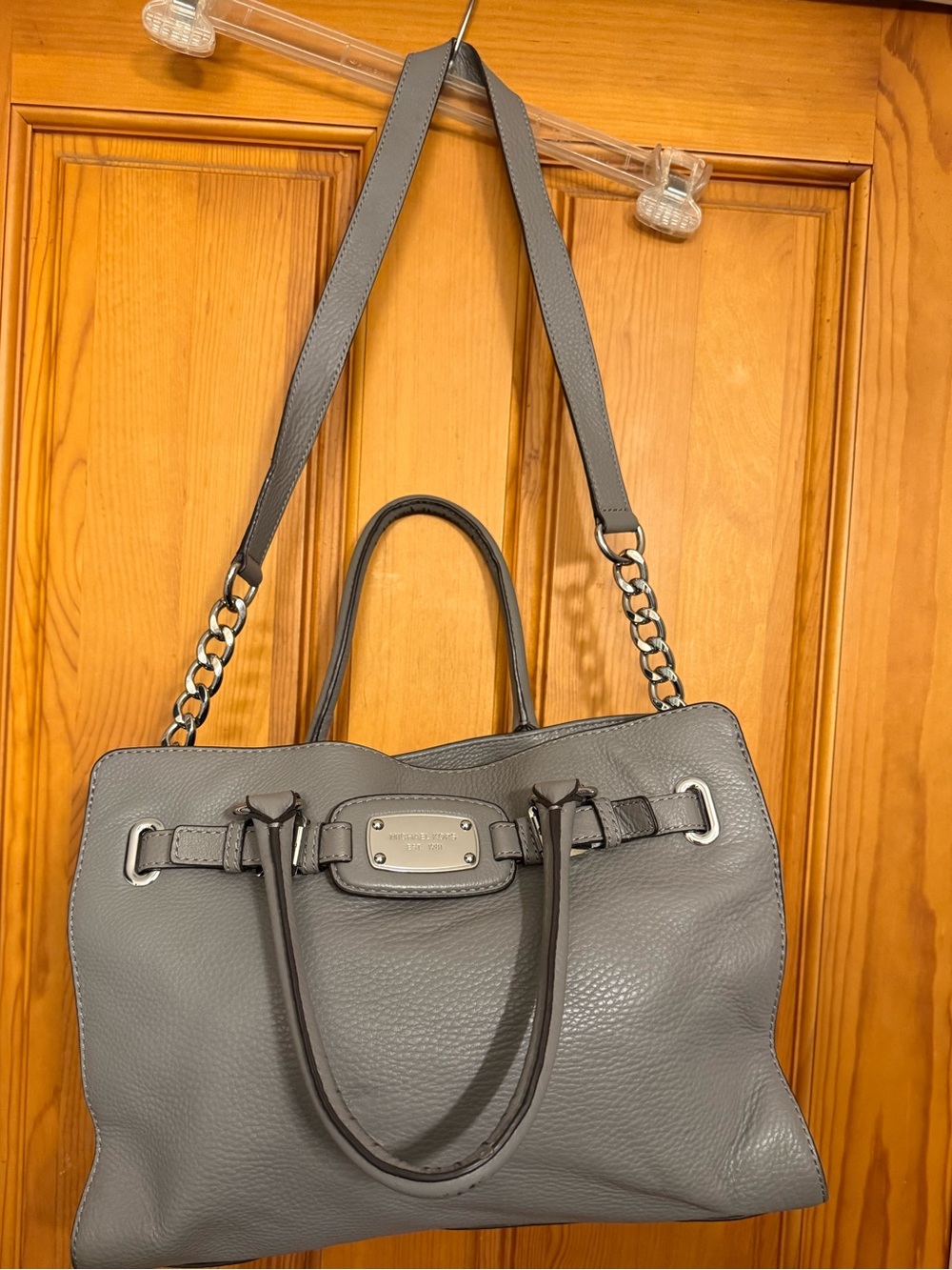 Michael Kors Gray Leather Shoulder Tote with Chain-Strap Detail